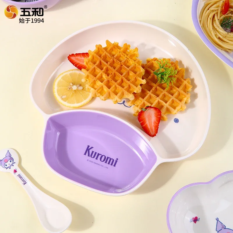 

For Sanrio Kuromi Cartoon Tableware Cute Divided Plate for Kids Food Grade Dinner Plate&Rice Bowl＆Spoon Home Anti Fall Tableware