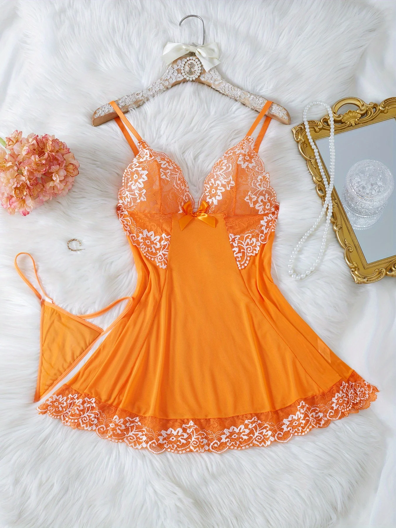 

See Through Sexy Deep V Nightgown Women's Embroidered Nightdress Pajamas Thong Sleepwear Baby Doll Lingerie