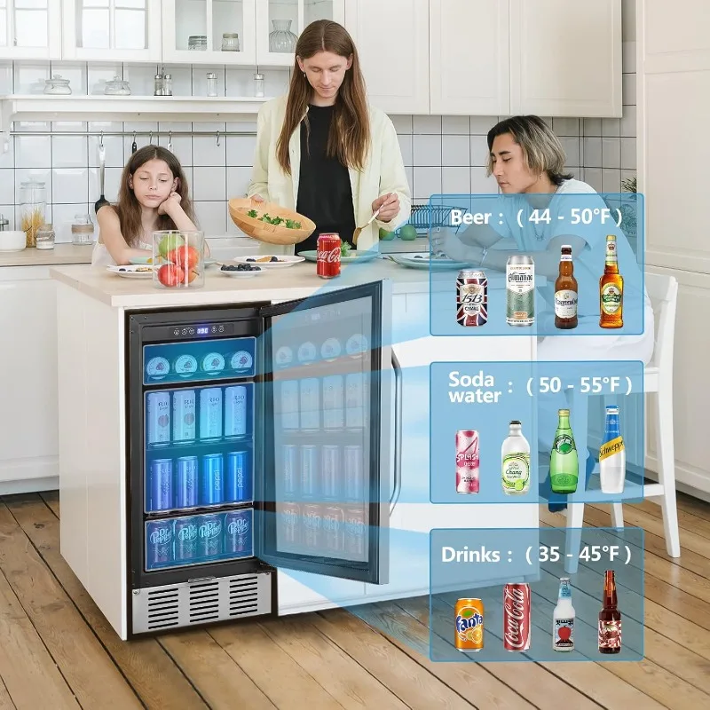 Beverage Refrigerator, Beverage Cooler Under Counter,126 Cans Quiet Beverage Fridge with Glass Door for Built-in or Freestanding