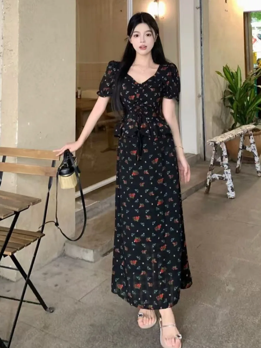 

plus Size Retro Floral Print Shirt And Skirt Set High Waist Bubble Sleeve Tie Waist Design Summer New Style Women's Fashion E...