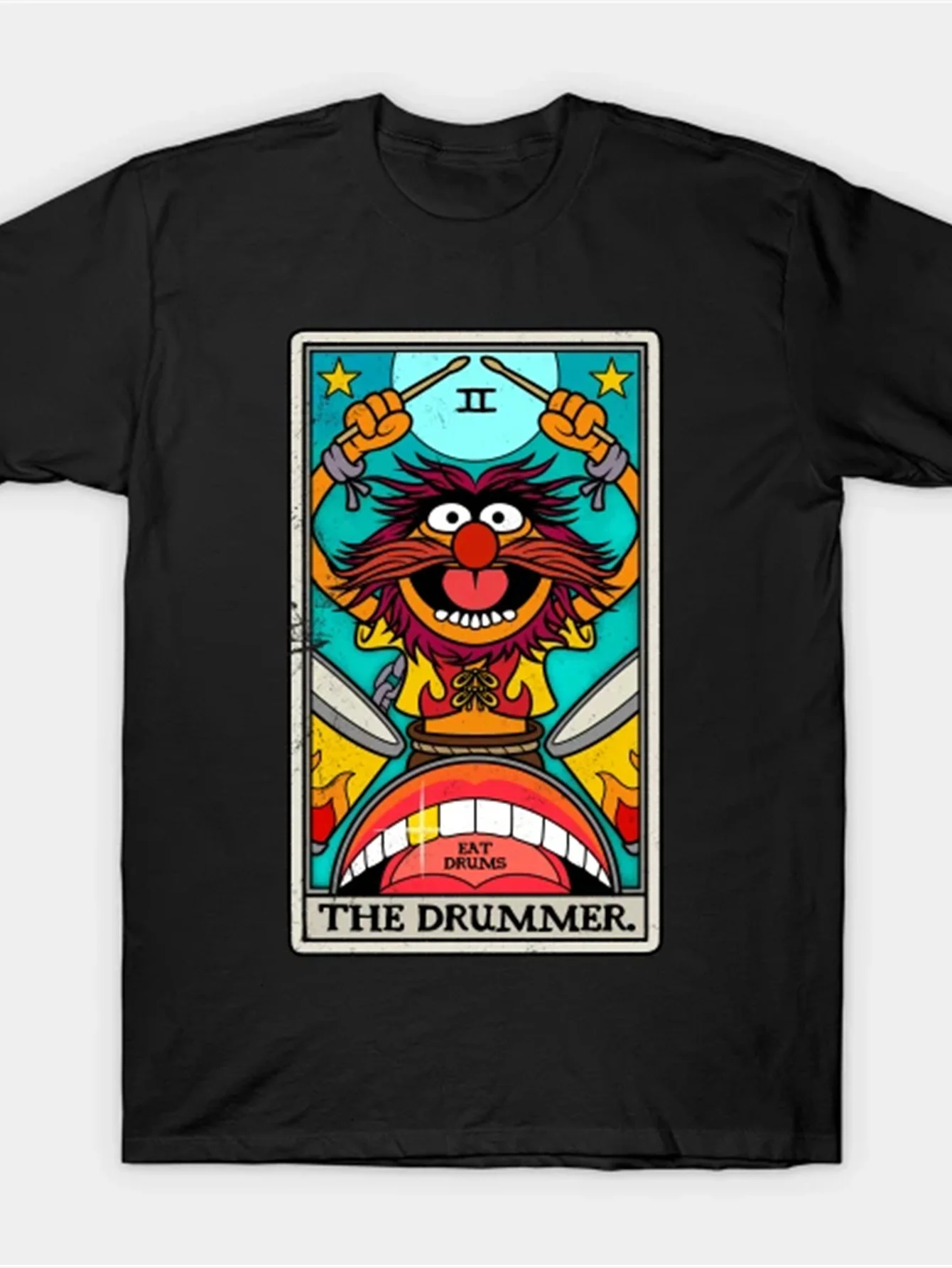 

Men's summer round neck short sleeved T-shirt with playful drummer pattern, suitable for daily travel, suitable for couples