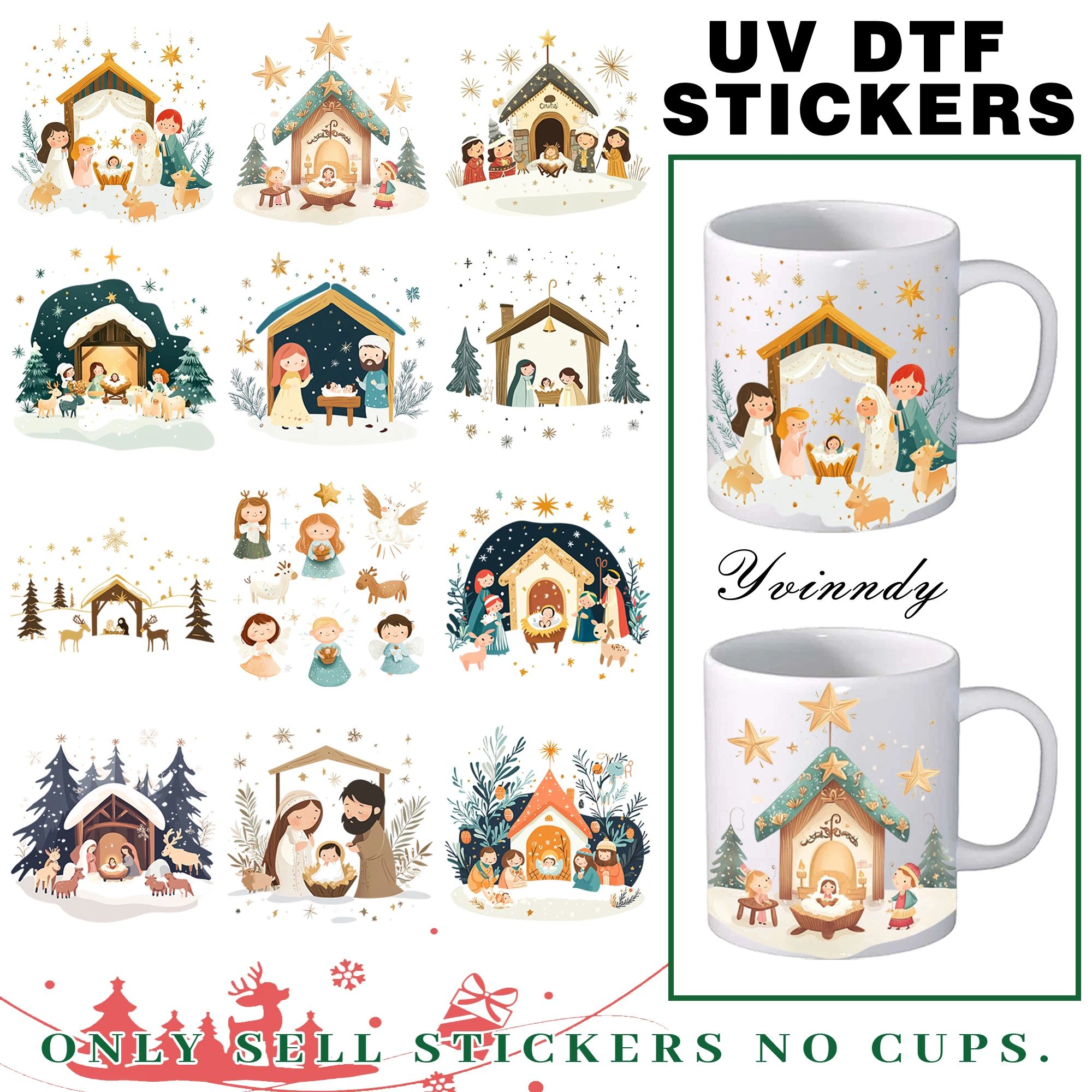12pcs/set Christmas Nativity Scene Clipart DIY UV DTF for Mugs Printing Waterproof Self-adhesive UV DTF for 16oz Glass