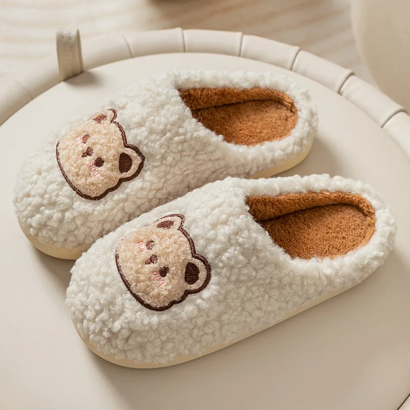 Cartoon Cute Bear Plush Slippers Warm Cotton Sherpa Antiskid Couples House Comfortable Shoes for Winter Autumn Half Bench Shoes