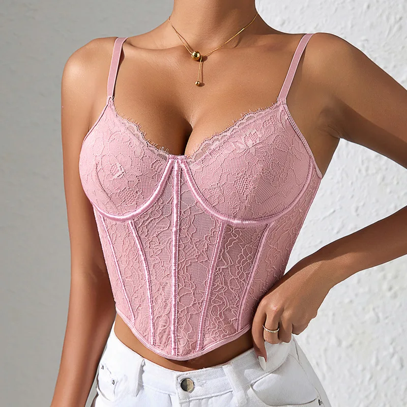 

Sleeveless Sexy Mesh Bustier Tops Camisole Women Slim Lace Lingerie Corset Top Summer Spaghetti Strap Boned Go Out Crop Tank Top