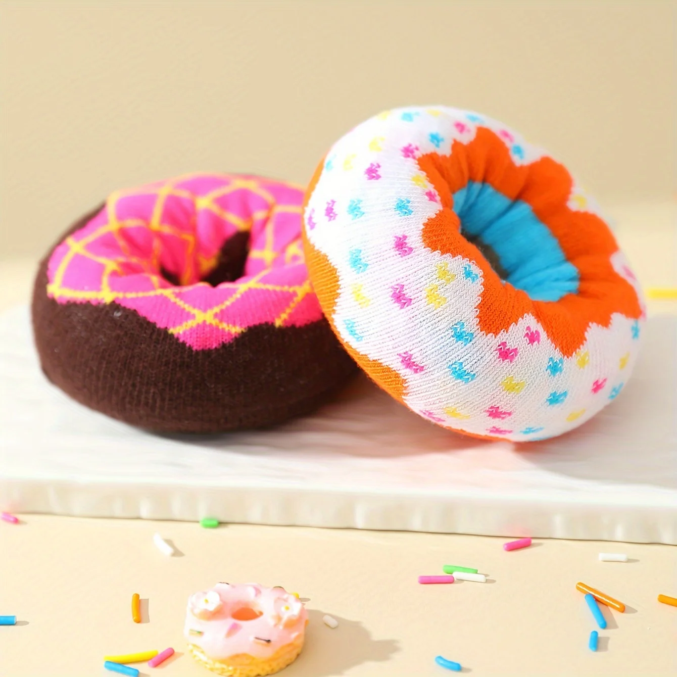 Two pairs of colorful donuts pattern fashion trendy socks are suitable for Christmas Valentine\'s Day gifts on Halloween