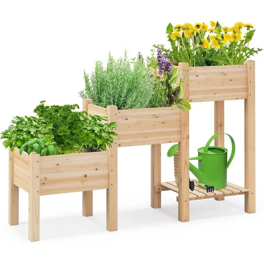 3-Tier Wooden Planter Box with Drainage, Storage Shelf, and Legs for Outdoor Gardening