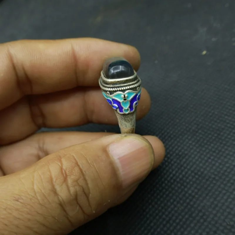 Vintage Antique Silver Tone Ring, Enamel Inlaid Temperature Color Changing Gemstone, Retro Collectible Worry Finger Ring Unisex