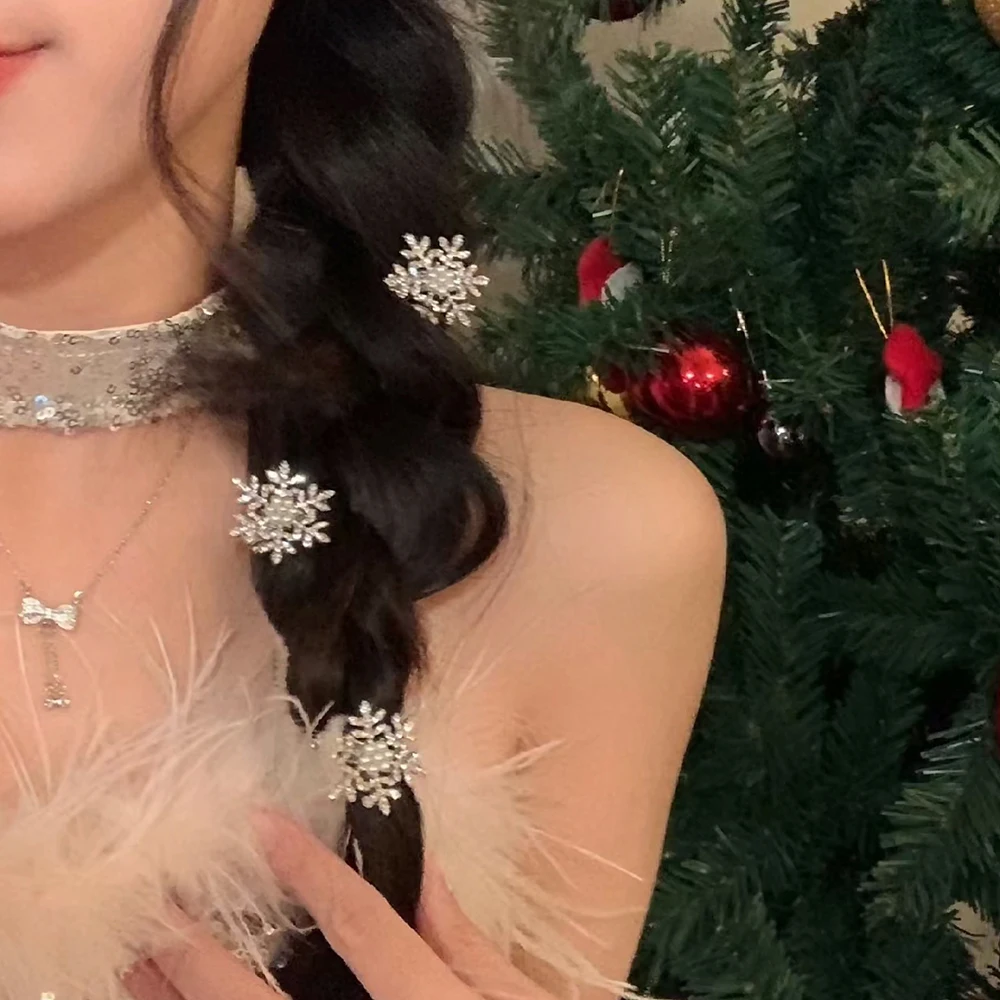 Fashion Rhinestone Snowflake Pearl Hair Clip Temperament Bangs Side Clip for Girls Daily Wear Wedding Dinner Exquisite Headdress