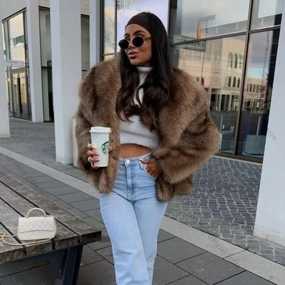 OFTBUY Fake Fur Coat New Women's Artificial Fur Coat Striped Faux Fur Jacket with Fur Women Overcoat Fluffy Fur Coat Female