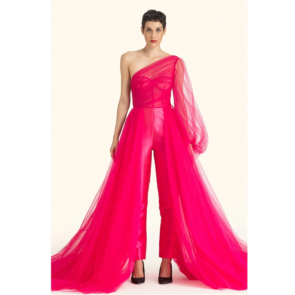 

Couture Fuchsia One Shoulder Women Jumpsuits With Both Side Overlay Fashion Formal Party Dress