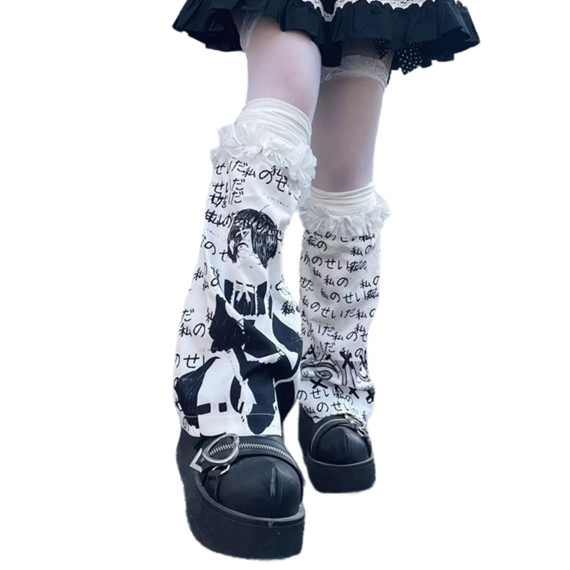 Women Harajuku Japanese Anime Letter Print Leg Warmer Aesthetic Fashion Punk Elastic Ruffle Trim Leg Cover Long Socks