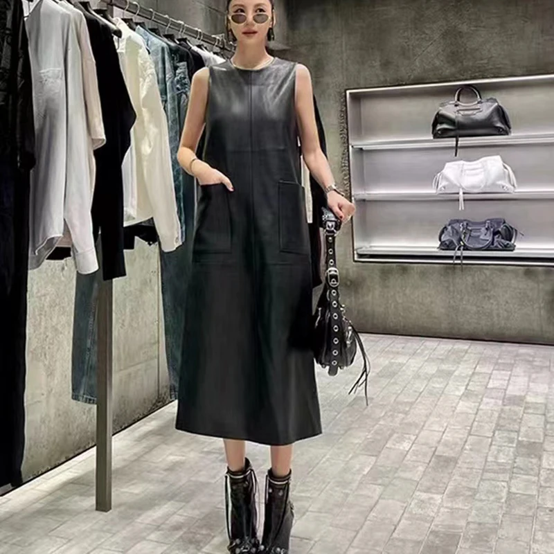 Women\'s Leather Skirt Dress Spring Autumn Sheepskin Vest Sleeveless Straight Sundress Vestido Longo Customized Color Length