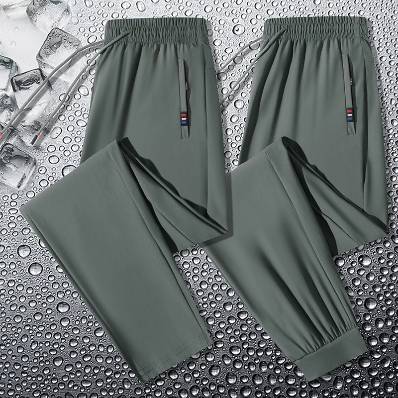 Pantalones deportivos elásticos para hombre, calzas finas transpirables de talla grande para correr al aire libre, cintura elástica, seda de hielo,