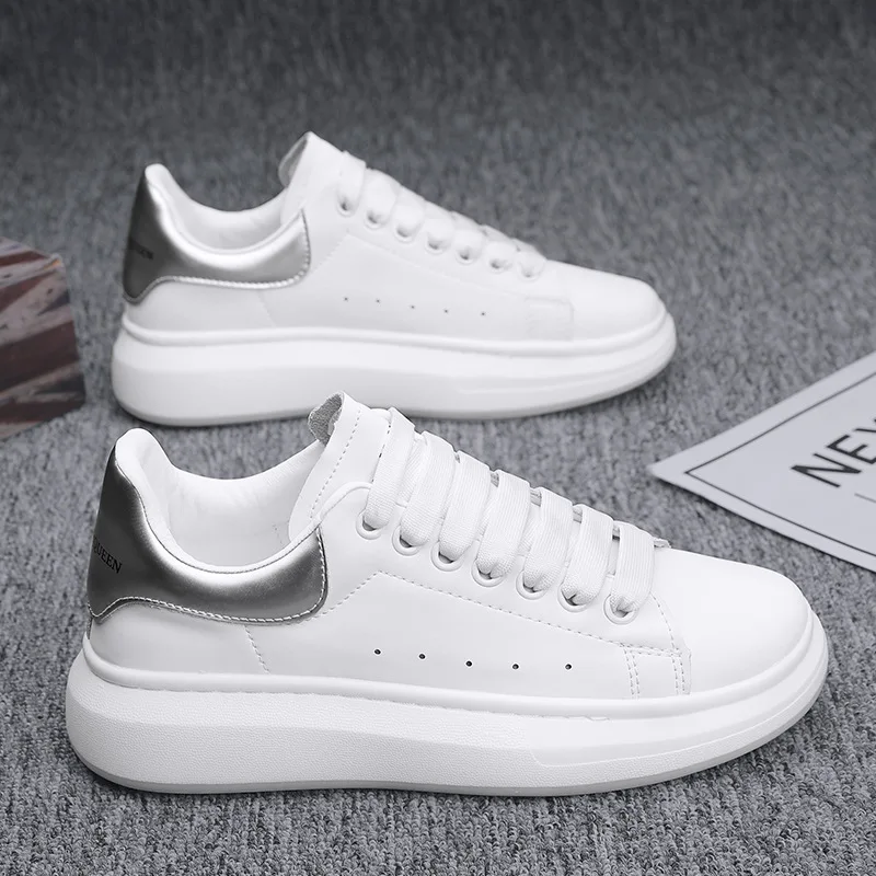 

Men's Leather Light Luxury White Sneakers Height-Enhancing Breathable Athletic Casual Youthful Skate Shoes Couples' Style