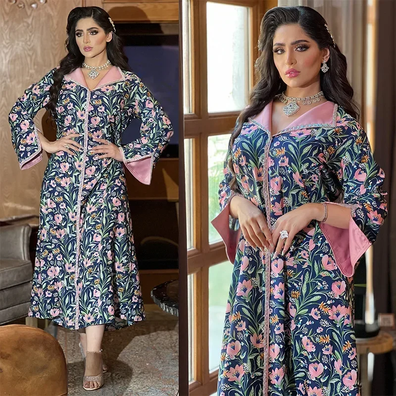 Vestidos de moda musulmana vestido largo estampado Abayas para mujeres cuello vuelto caftán bohemio de primavera Vestidos florales Dubai Abayas