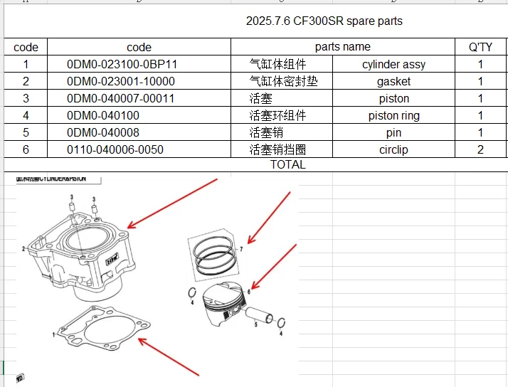 

Cylinder/Gasket/piston/rings/pin/circlip suit CF300SR 0DM0-023100-0BP11