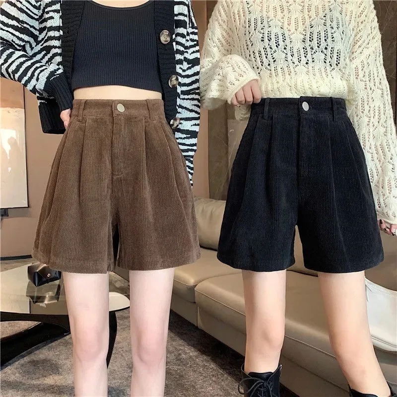 

2025 autumn winter plus size wide leg pants for women high waist slimming corduroy A-line shorts petite casual boots