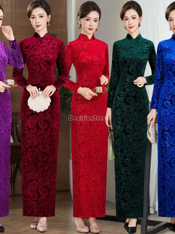 

2025 new chinese national retro style women long sleeve stand collar qipao autumn and winter velvet thicked and long cheongsam