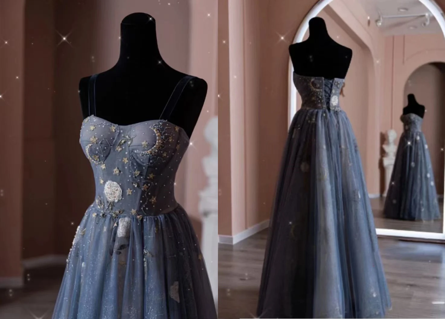 تخصيص رائعة كريستال يزين الأورجانزا ألف خط السباغيتي الأشرطة مساء اللباس مثير أكمام الحبيب فساتين لحضور الحفلات الموسيقية