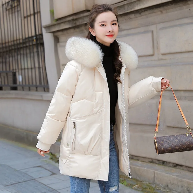 New Women Down Cotton Coat Winter Jacket Female Mid Length Version Parkas Thick Warm Outwear Hooded Fur Collar Overcoat