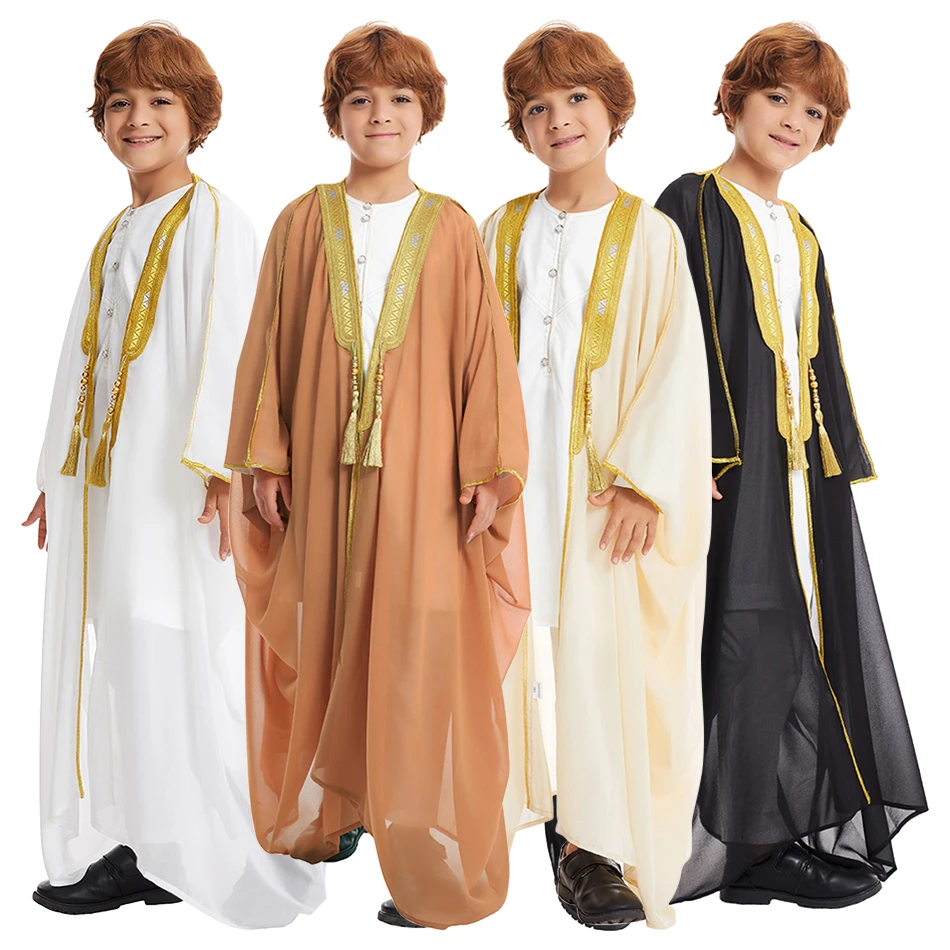 

Arab Boys Summer Thobe Lightweight Caftan Kids Traditional Islamic Clothing Breathable Chiffon Thawb for Teen Eid Ramadan Outfit