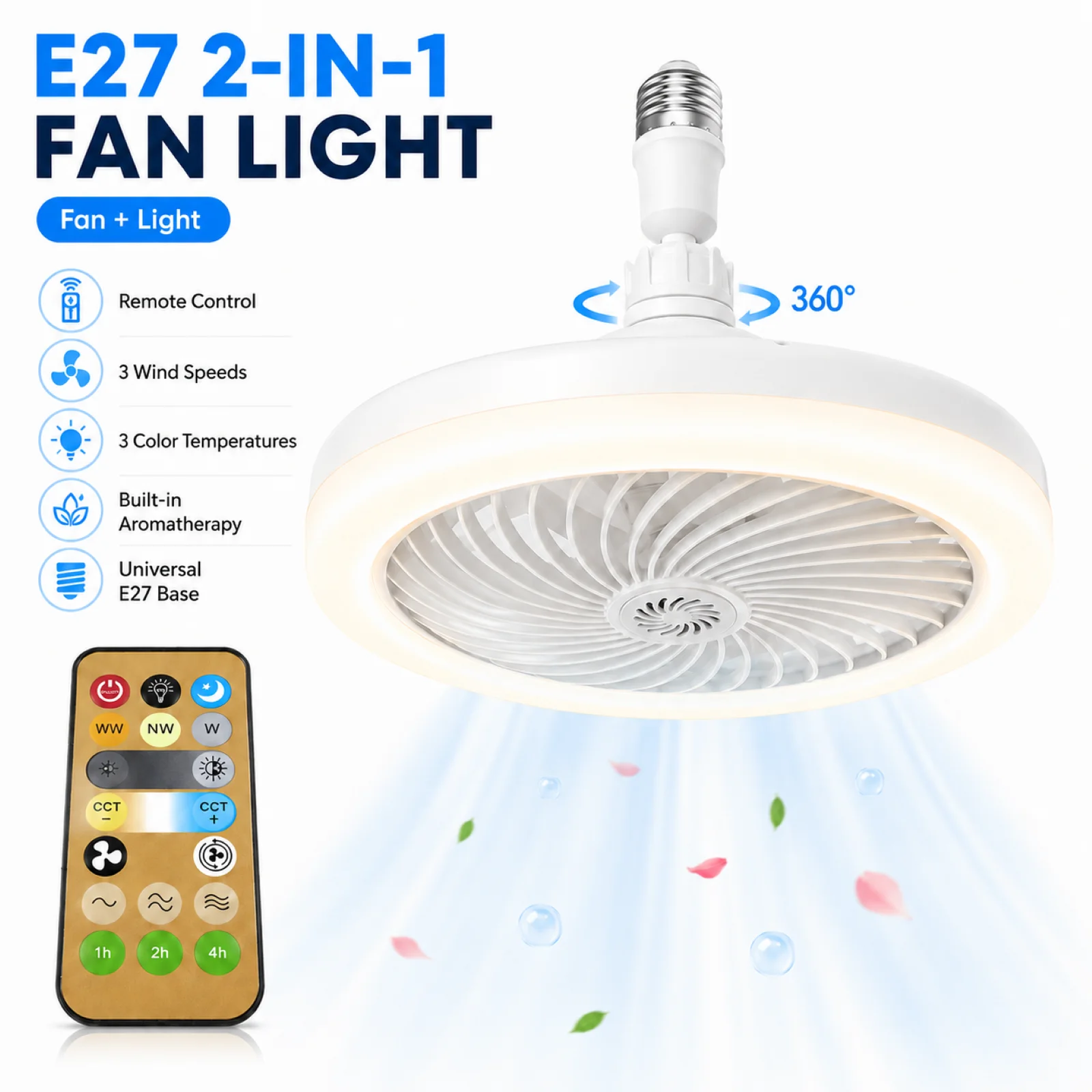 Drehbarer 2-in-1 Deckenventilator mit Fernbedienung LED-Beleuchtungslampe E27 Konverter-Sockel Schlafzimmer Wohnzimmer Innenraum Heimdekoration