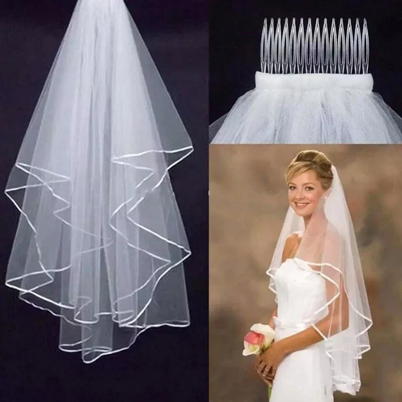 

Fashion Short Tulle Wedding Veils With Comb Ribbon Edge White Beige 2 Layers Veil for Bride Wedding Accessories