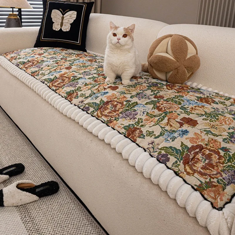 Polyester-Cotton Thickened All-Season Couch Seat Pads Non-Slip Vintage Style Foldable Sofa Cover Quilted Dustproof Sofa Cushion