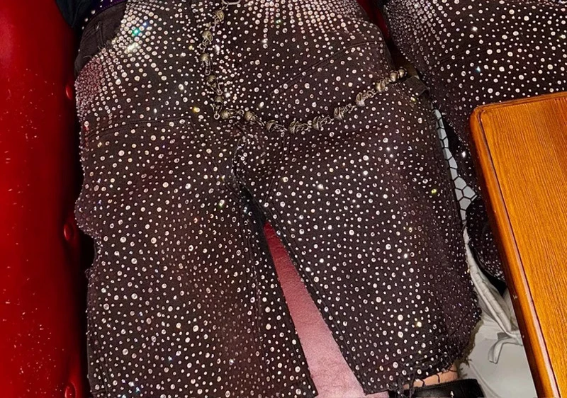 Men's 2025 Summer New Trendy Niche Short Pants High Street Hot Diamond Shorts Male Full Diamond Solid Color Denim Cropped Pants