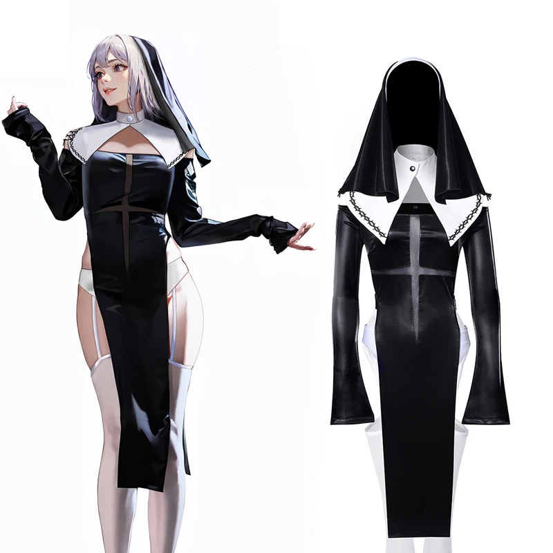 Cross Star High Split Mesh Elastic Shiny Sexy Nun Cosplay Tight Black Suit