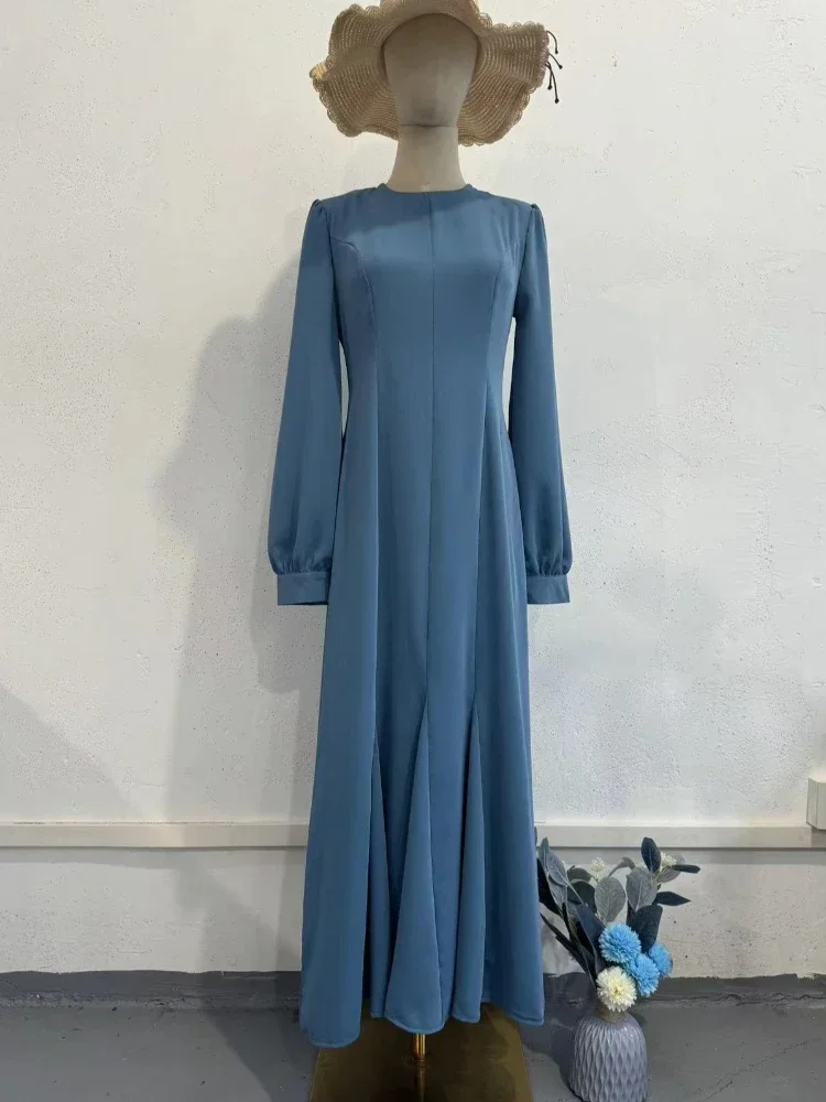 Autumn French Office Lady Dress Blue Solid Mid Waist Temperament O-Neck Bubble Long Sleeves Women Fishtail Long Casual Dresses