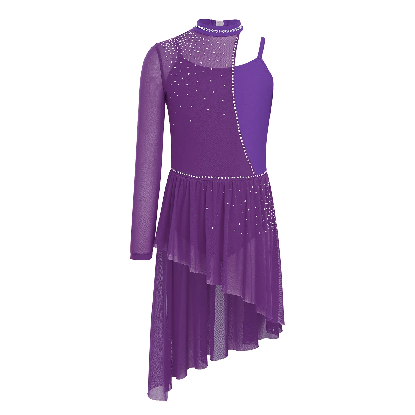 Kids Girls Sheer Mesh Shiny Rhinestone Modern Lyrical Dance Leotard Dress Figure Skating Gymnastic Acrobatics Ballet Dancewear