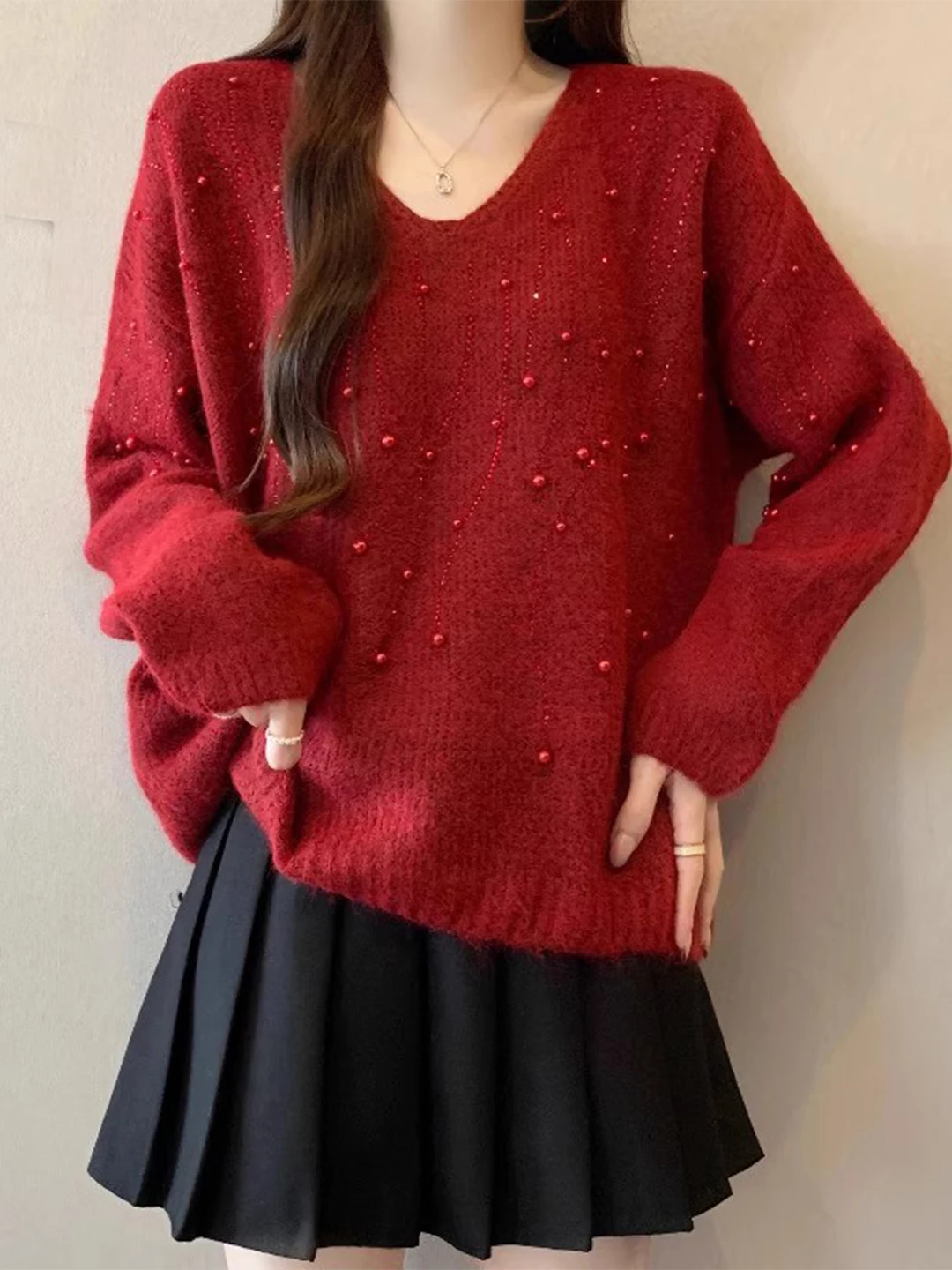 

Ele Red V-Ne Long Sve Sweater Women's plus Size Loose Fit Sli Age-Defng Top for Autumn Winter Casual Wear