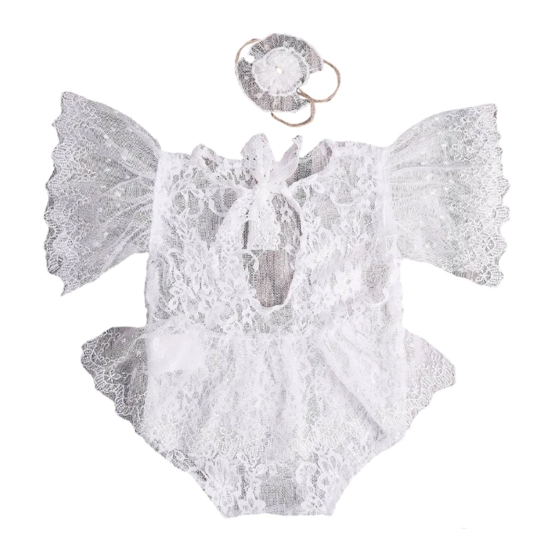 

Infant Photography Outfit Lace Backless Jumpsuit Hairband Set Photostudio Props Baby Photo Outfit Newborns Shower Supply