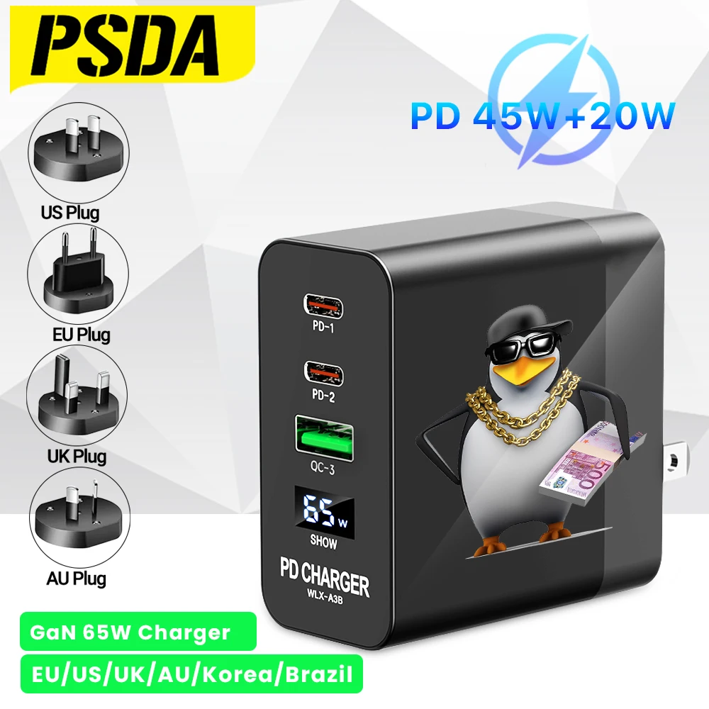 

PSDA 3D Penguin 65W GaN USB C Fast Charger Type C Power Adapter PD 3.0 QC3.0 LED Charger Station For iPhone 15 Macbook Samsung