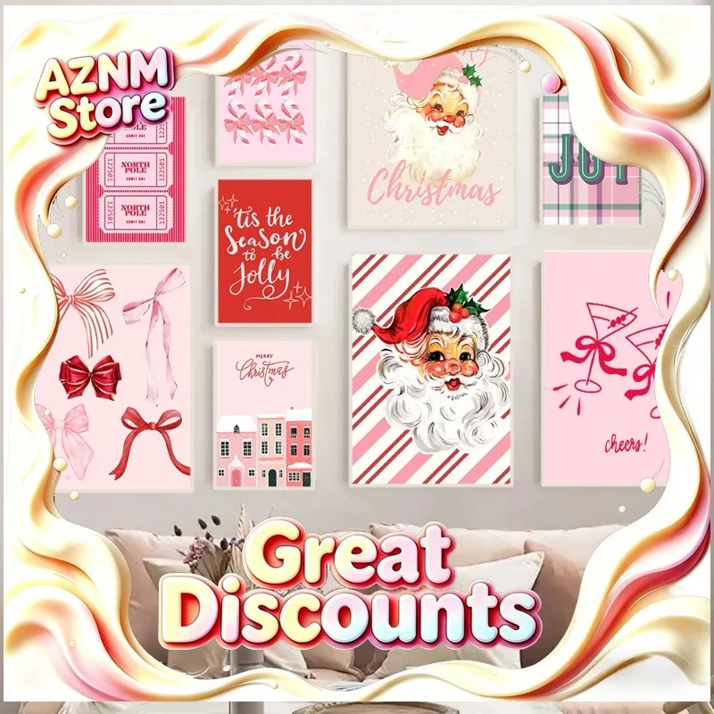 Modern Pink Christmas Poster Pastel Celebrate Christmas Santa Claus Canvas Painting Wall Art for Living Room Home Decor Mural
