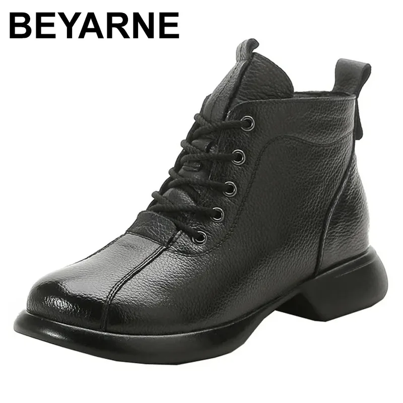 Winter Women Ankle Boots Large Size Dropshipping Non-slip Female Snow Boots Genuine Leather Retro Youth Warm Thick Sole Shoes