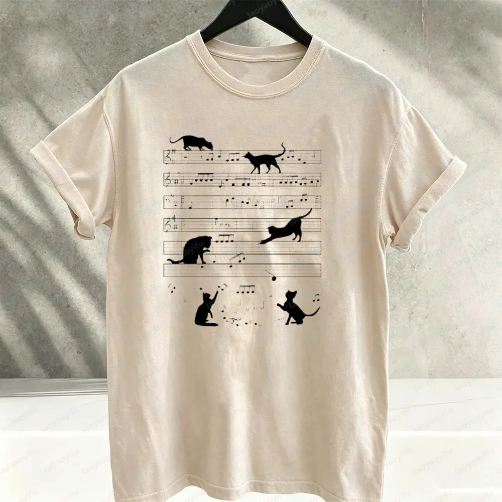 Funny Cats on Music Sheet Graphic T‑Shirt Vintage Black Cat Musical Notes Short Sleeve Tees Cotton Casual Loose Streetwear Tops
