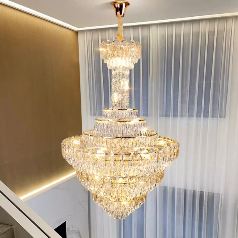 Large Gold Crystal Chandeliers American Luxury Shining Pendant Chandelier Lights Fixture European Hotel Home Villa Stair Lustres