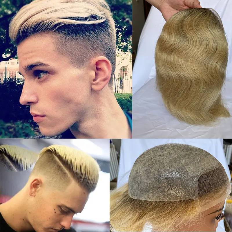 Toupet avec base en dentelle pour homme, cheveux 100% humains, système de remplacement, blond ombré, 10x8