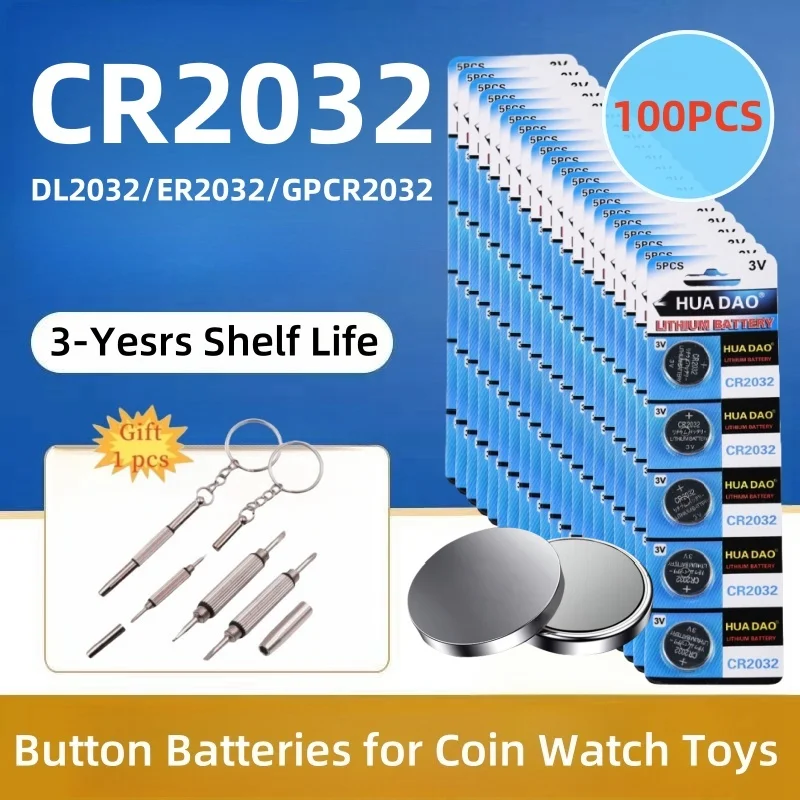 

100PCS CR2032 3V Lithium Battery 210mAh Watch, Toy Calculator Car Key CR 2032 DL2032 ECR2032 Button Coin Cells