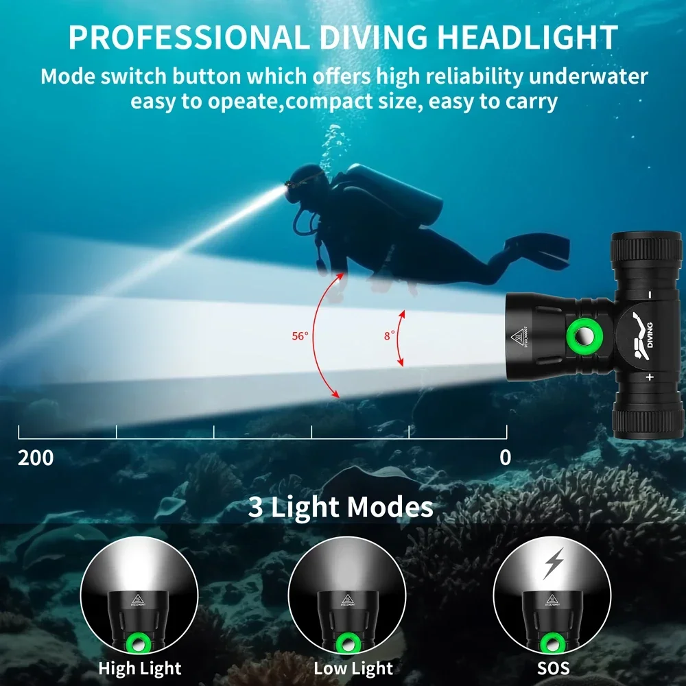 Super Bright LED Scuba Diving Farol de alta potência, IPX8 impermeável, subaquática, 200m, 18650 Bateria, tocha de cabeça de mergulho, 1000LM