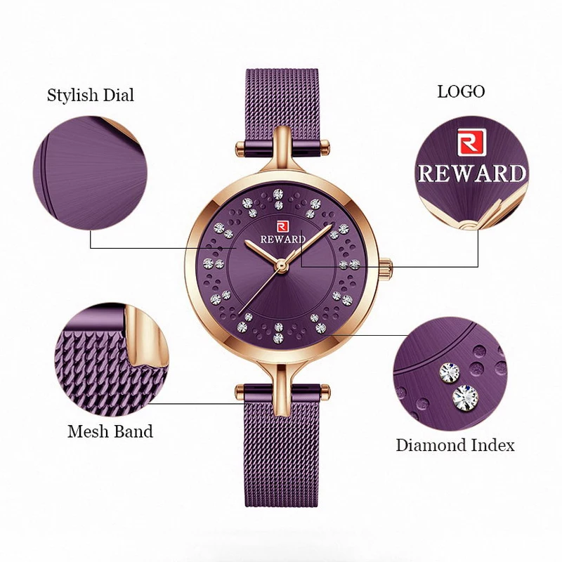 New REWARD Women Wristwatch Luxury Fashion Quartz Watch Timepiece Waterproof Stainless Steel Wrist Watch for Female Ladies Girls