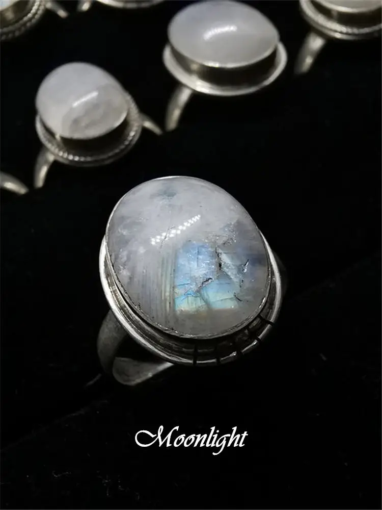 Nepal 925 Sterling Silver Inlaid Natural Moonstone Flower Rings for Girls Nepal Vintage Jewelry T9089