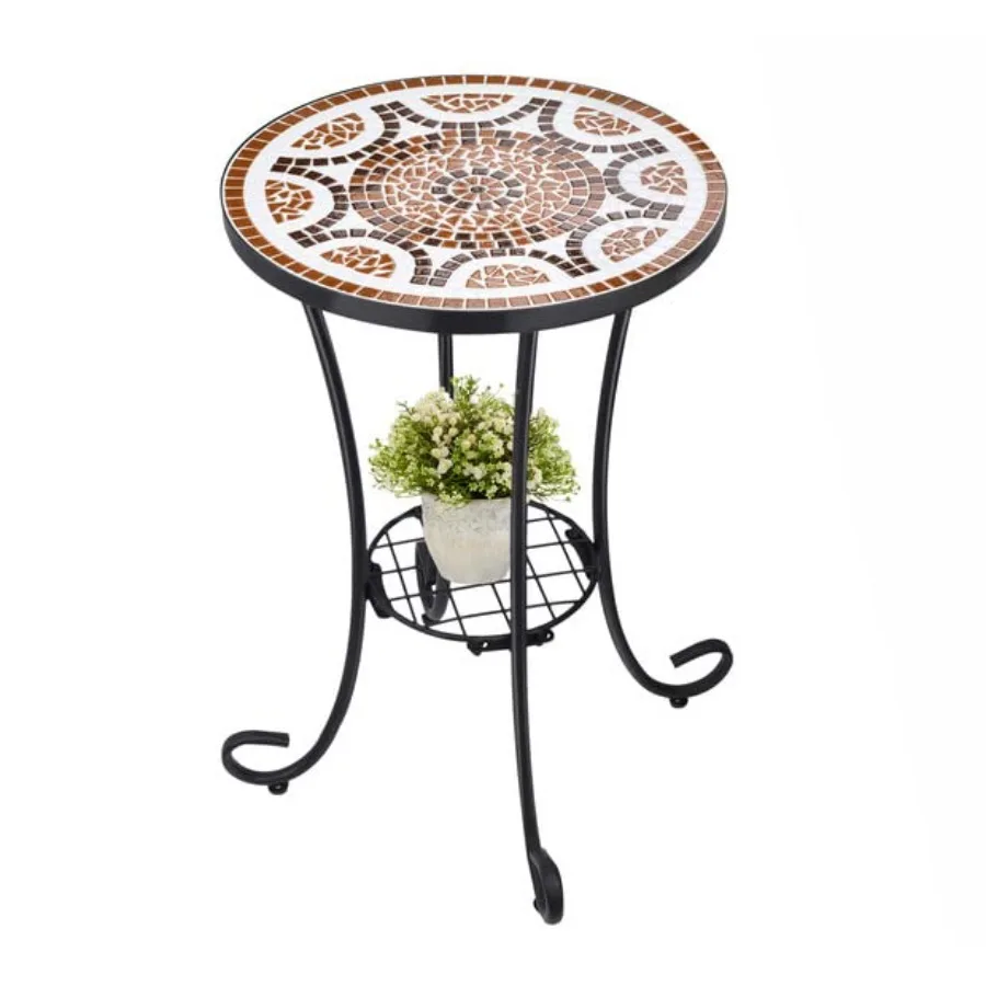 

Outdoor side table for patio, garden, balcony, or porch: mosaic tile top with metal frame, compact 14-inch design, durable and