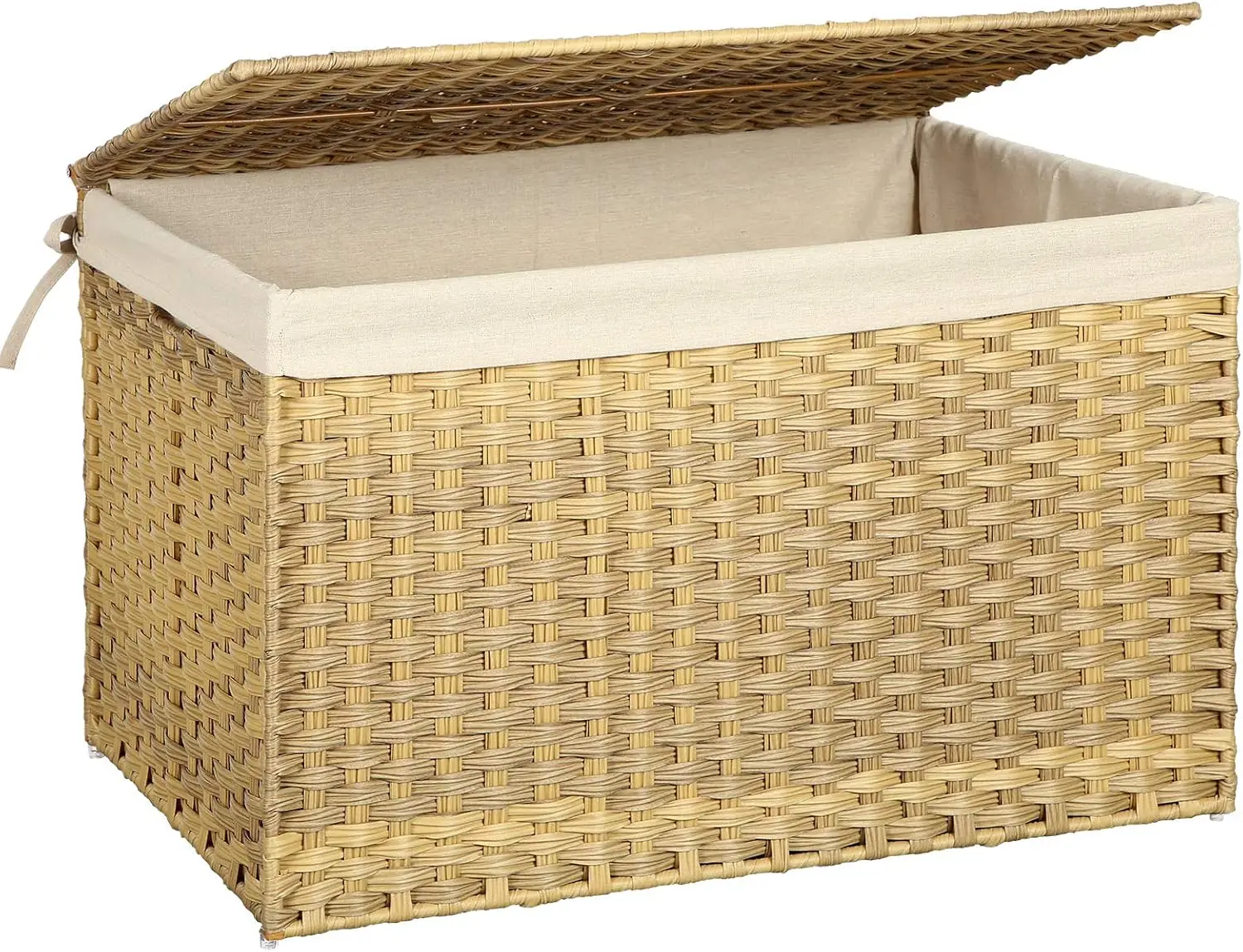 

Foldable Storage Basket with Lid, Woven Laundry Bin, Removable Liner, Metal Frame, 42.3 Gallons for Home Organization