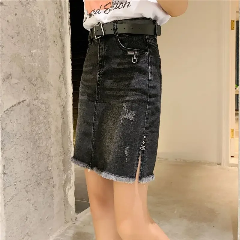 Midi Women's Denim Skirt Female Jeans Skirts High Waist With Pocket Chubby Ripped Aesthetic Chic And Elegant Offer Premium