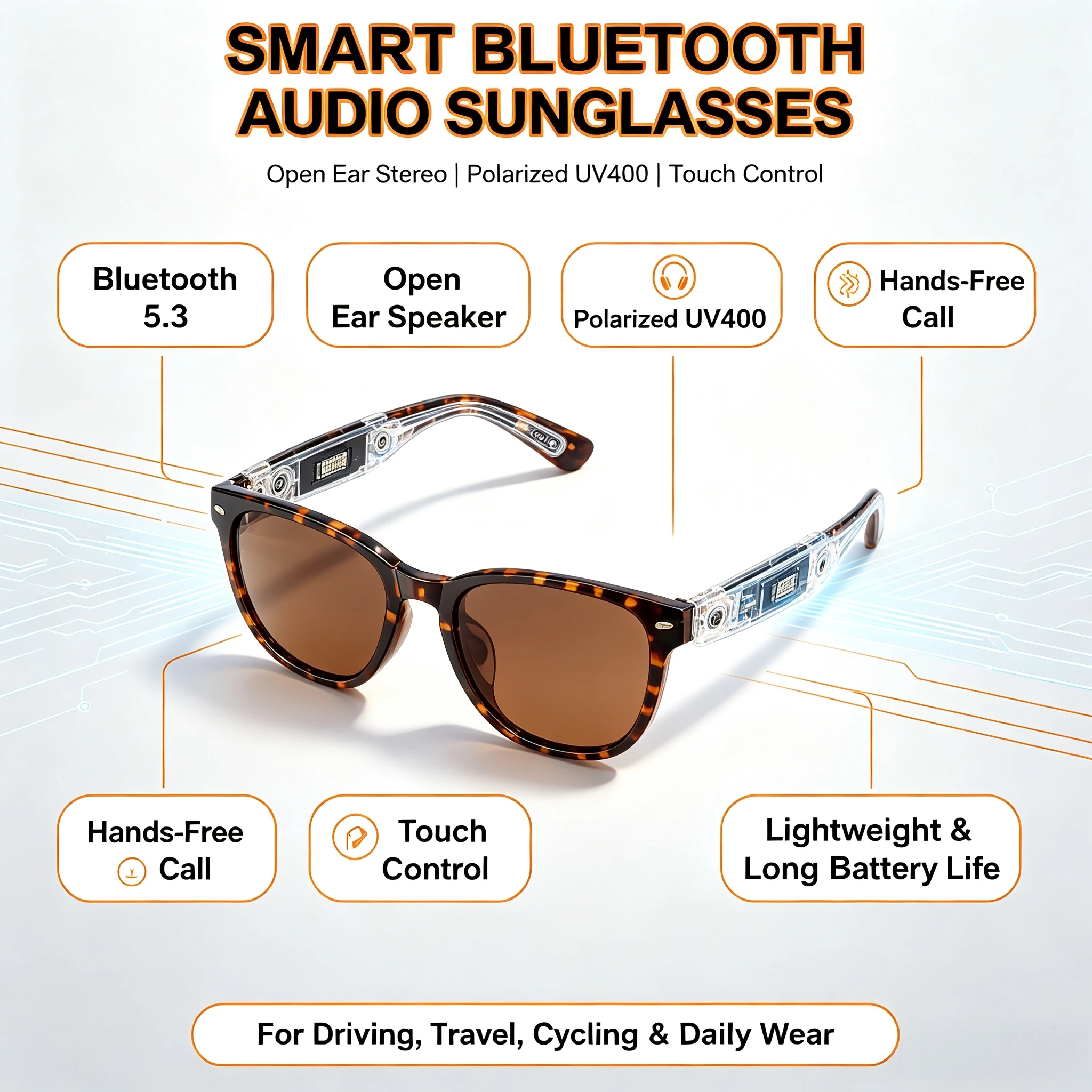 Bluetooth5.3 Open Ear Smart Sunglasses Polarized UV400 Touch Wireless Music Handsfree Call Glasses for Driving Outdoor Travel
