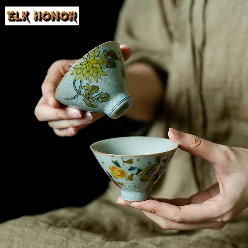 80 مللي النقي رسمت باليد كوب شاي بالأعشاب المزهرة الجليد الكراك الصقيل كوب رئيسي وعاء الشاي الشخصي المرأة تذوق مخروط كوب الكونغ فو Teaware 1 قطعة