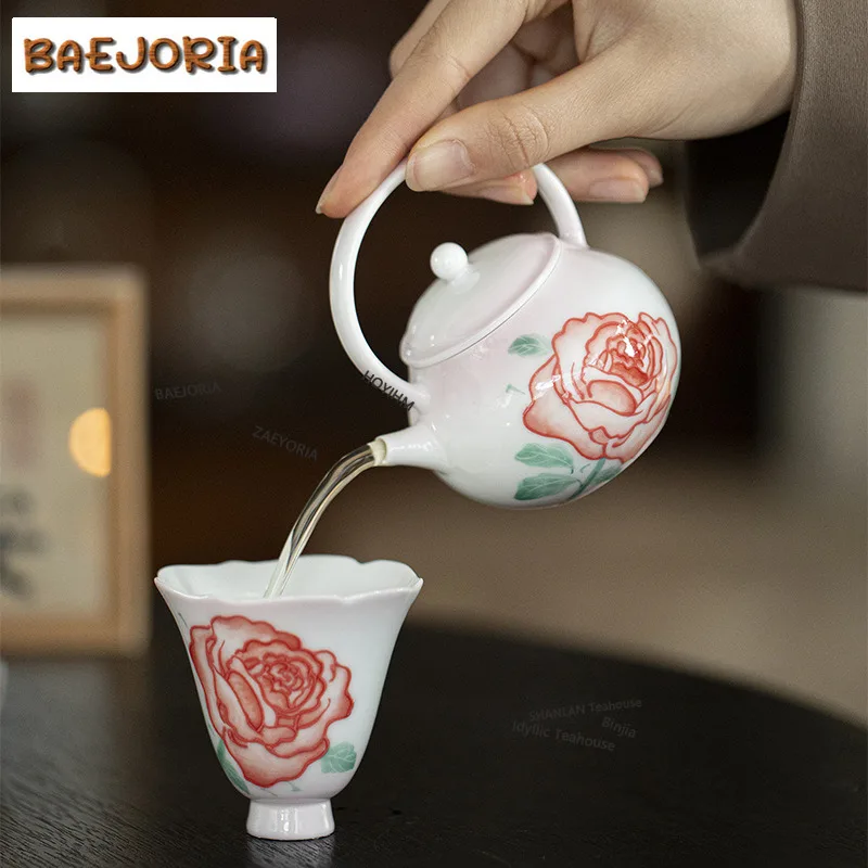 BAEJORIA 110ml Hand-painted Rose Arita Porcelain Lifting Beam Teapot Zen Tea Infuser Pot Tea Maker Kettle With Ball Hole Craft